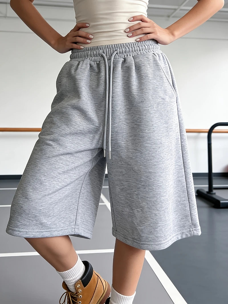 Women's Casual Sports Shorts, Elastic Waist, Wide Leg, Straight Leg, Five-Point Shorts, Loose Fit, Drawstring short pants women