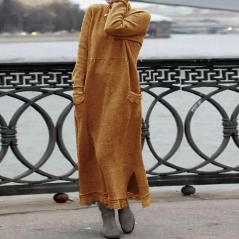 Women's Maxi Dress Autumn Winter Fashion New Style Elegant Loose Long Sleeve Hoodie Retro Casual Thick Warm Dresses For Women