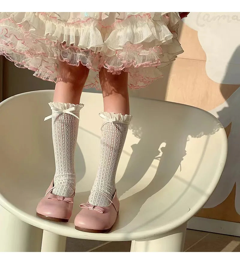 Girls Long Tube Lace Stockings Sweet Bow Jacquard Pattern Mesh Sock Baby Girl Ballet Fishing Net Frilly Socks Lolita Leggings