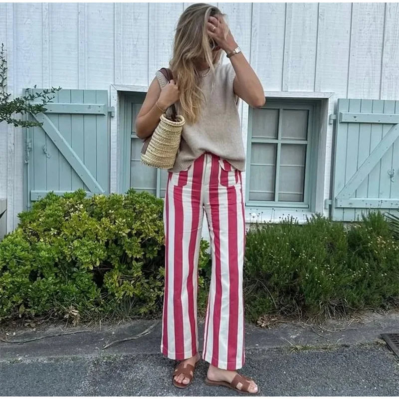 Striped Zipper High-Waisted Trousers Slim Fit Flare Leg Double Pocket 2026 Summer Casual Women Bottom Fashion Chic Lady Pants