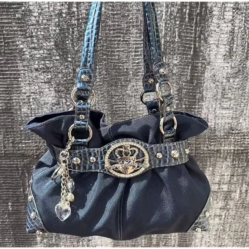 Luxury Women Rivet Handbag,Y2k Girls Metal Studded Underarm Shoulder Bag,Niche Belt Buckle Commuter Chic East-West Tote Bag