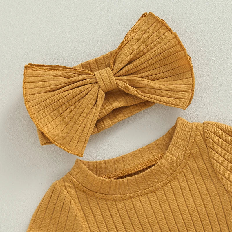 Newborn Baby Girl 2 Pcs Jumpsuits Clothing Suit Infant Summer Short Sleeve Knitted Romper with Bow Headband Set Toddler Clothes