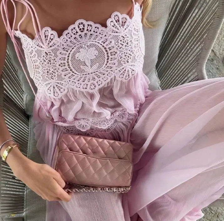 Women Pink Lace Double Strap Crop Top Two Piece Set Boho Sleeveless Flowy Matching Outfit 2026 Seaside Vacation Casual Outfits