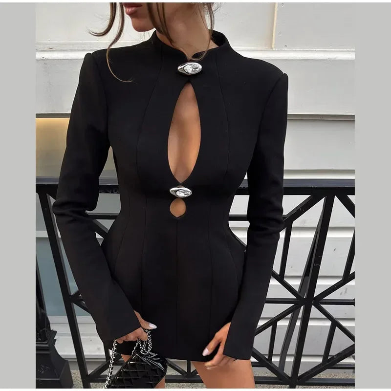 Women Solid Waist-cinching Blazer Mini Dress Chic Full Sleeve V-neck Slim Dresses Sexy 2026 Lady Daily Commute Office Vestidos