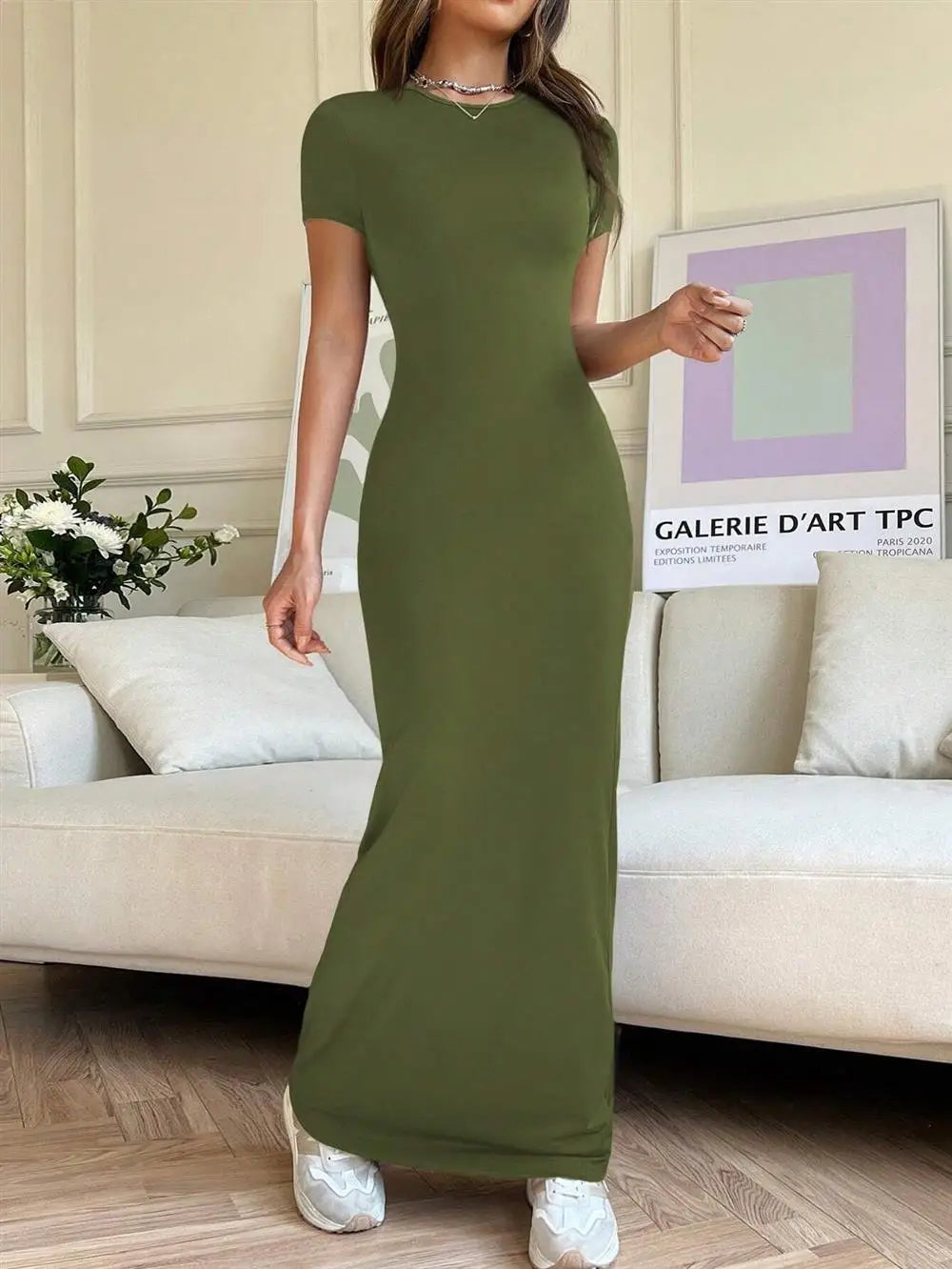 Sexy Slim Fit Short Sleeve round Neck Dress Pure Color Long Dress for Women LinJ2026 Casual European Style mid Waist Skirt