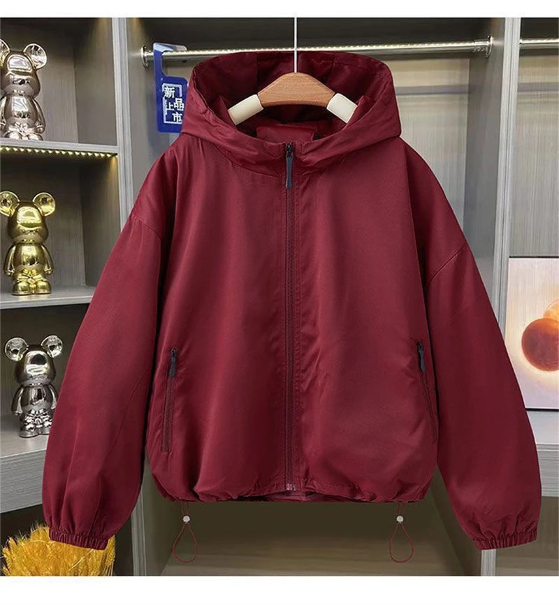 2026 Autumn Women's Coat Hooded Jacket Long Sleeve Zipper Pockets Casual Windbreaker Basic Jackets Outerwear Splicing Hooded E25