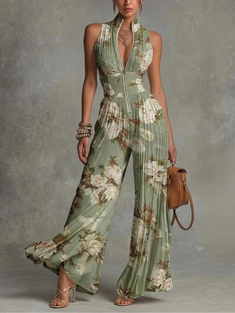 2026 White Pleated Neck Jumpsuit Women's Long Wide-leg Fashion Sexy Pleated Jumpsuits Sexy Slim Fits Sleeveless Rompers Y2K