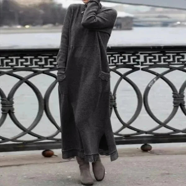 Women's Maxi Dress Autumn Winter Fashion New Style Elegant Loose Long Sleeve Hoodie Retro Casual Thick Warm Dresses For Women