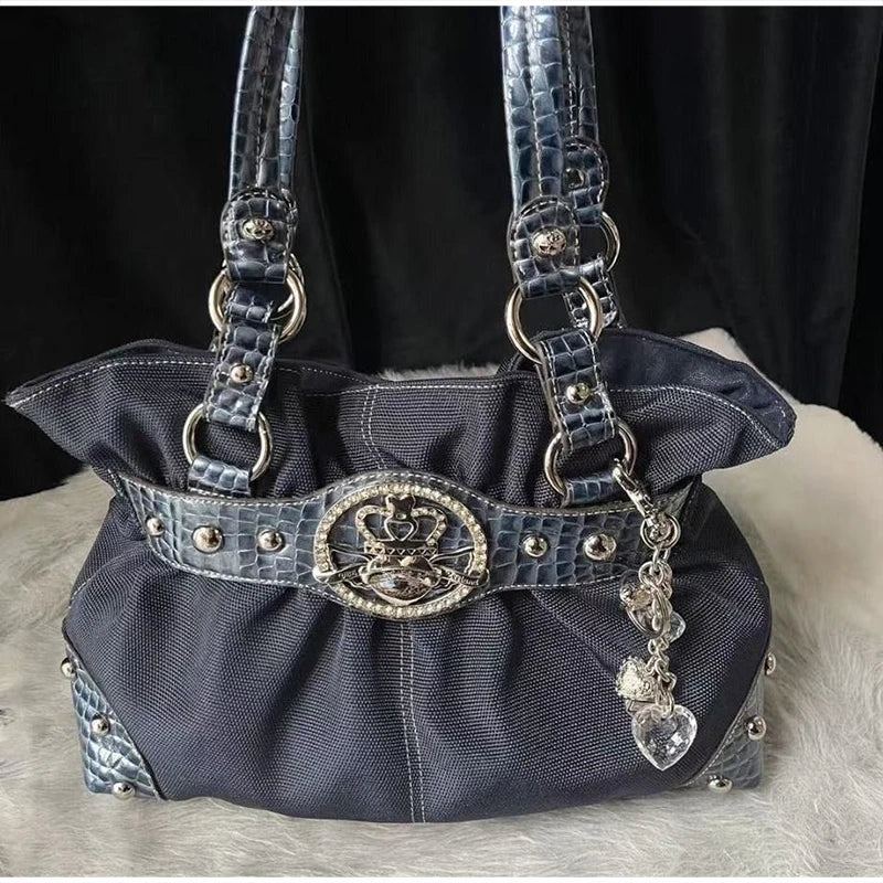 Luxury Women Rivet Handbag,Y2k Girls Metal Studded Underarm Shoulder Bag,Niche Belt Buckle Commuter Chic East-West Tote Bag