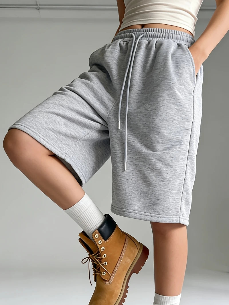 Women's Casual Sports Shorts, Elastic Waist, Wide Leg, Straight Leg, Five-Point Shorts, Loose Fit, Drawstring short pants women