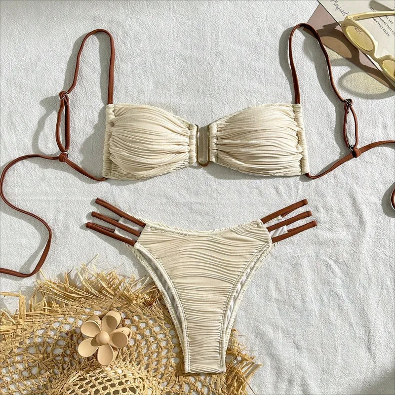 New Low waist Sexy Two-piece Bikini Women U-neck Hollow Swimwear Solid Tube Top Gathered Swimsuit Tight Backless Beachwear 2025