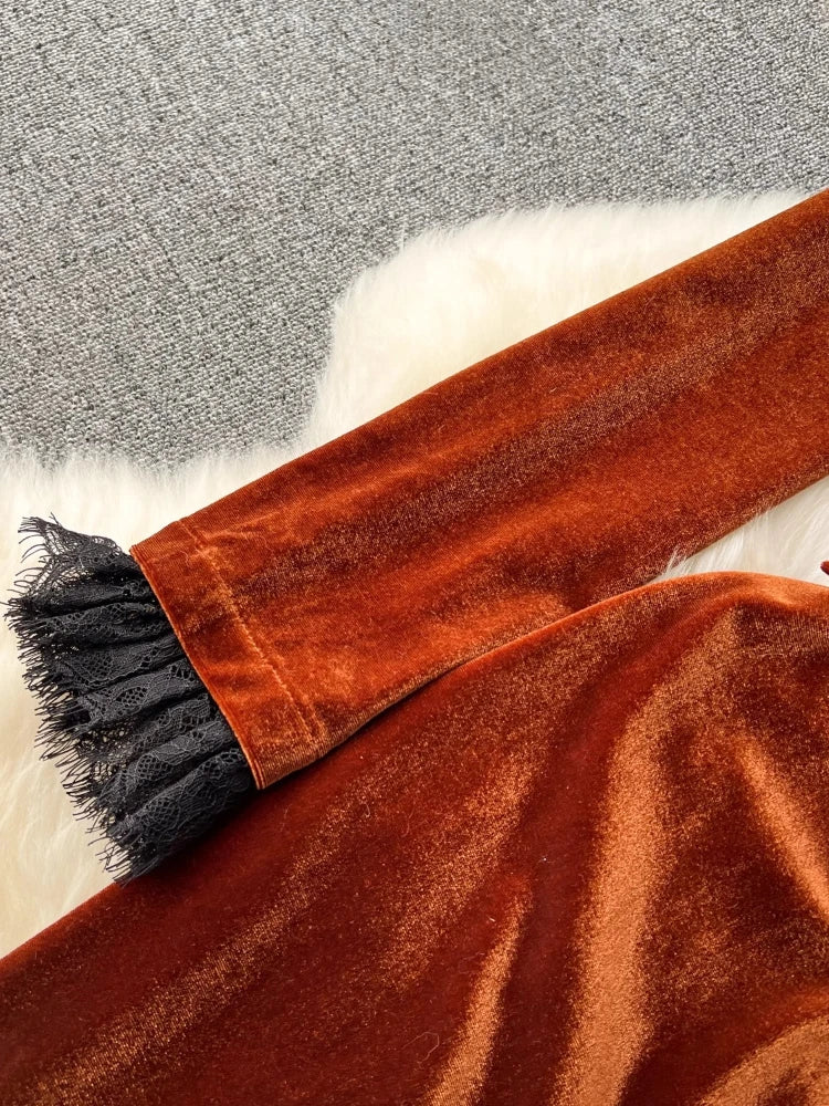 Autumn Winter Luxury Velvet Dress Women Clothing Notched Lion Metal Buttons Split Letter Belt Thick Velour Long Party Vestidos