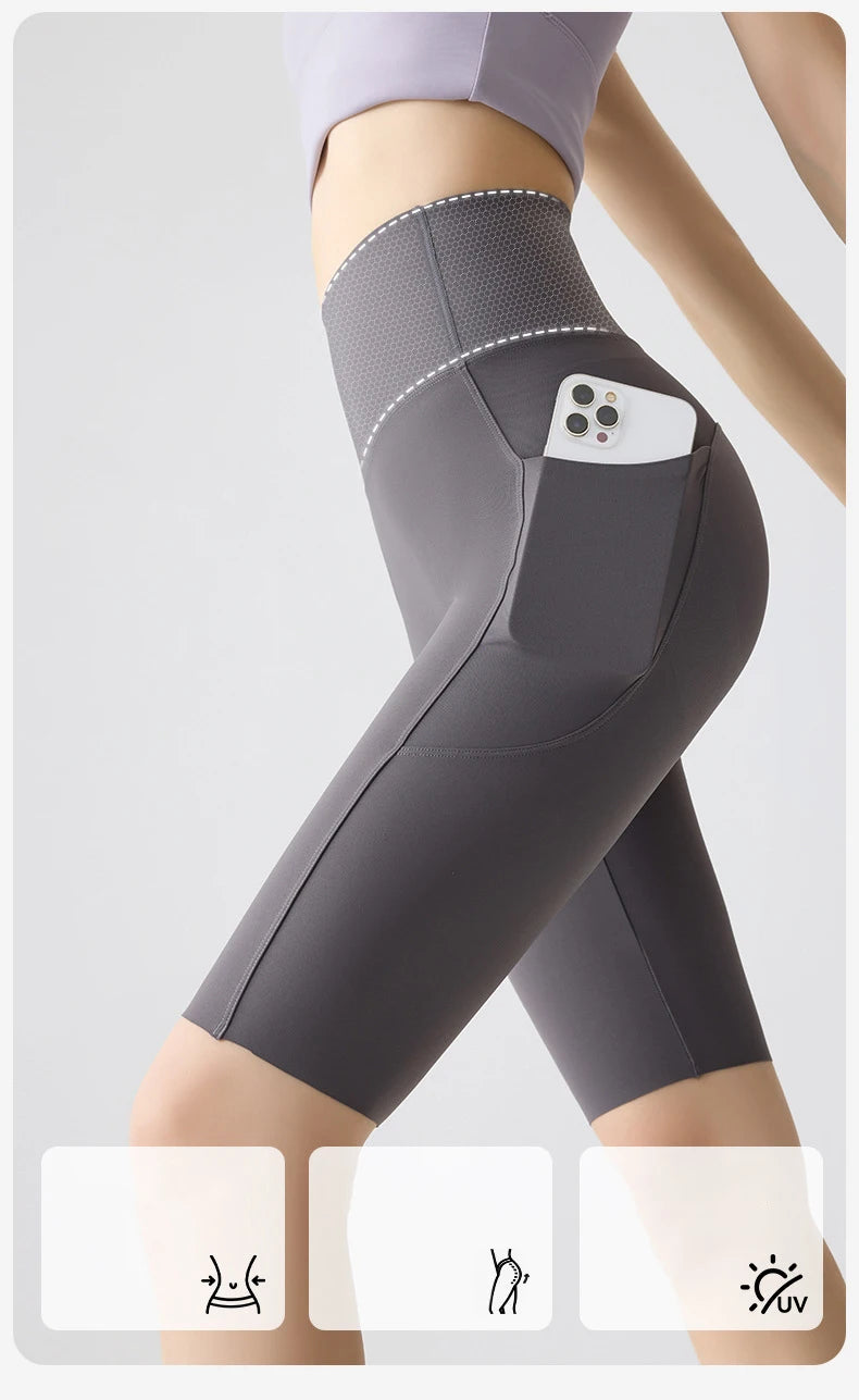 BIVIGAOS Summer Pocket Yoga Sharkskin Bicycle Shorts Women Thin High Waist Push Up Naked Feeling Sports Fitness Cycling Shorts