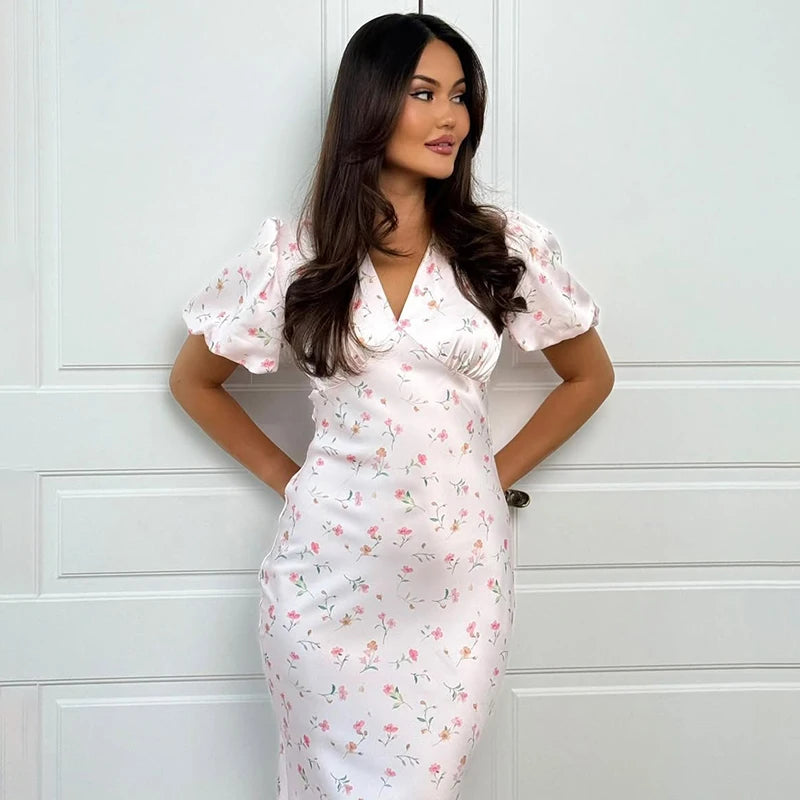 Printed Floral Print Elegant Long Dress For Women Short Sleeve V Neck Fashion Slim Dress Satin Commuting Banquet Female Dress