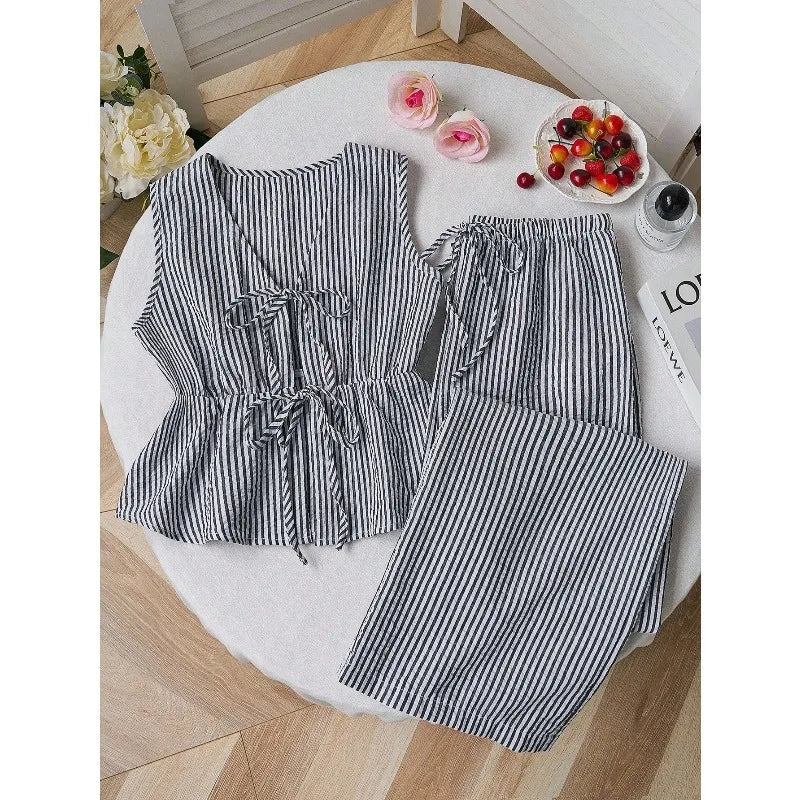 Summer Solid Color Tie Pants Set Stripe Casual Sweet Versatile Loose Comfortable Vacation Daily Two Piece Set