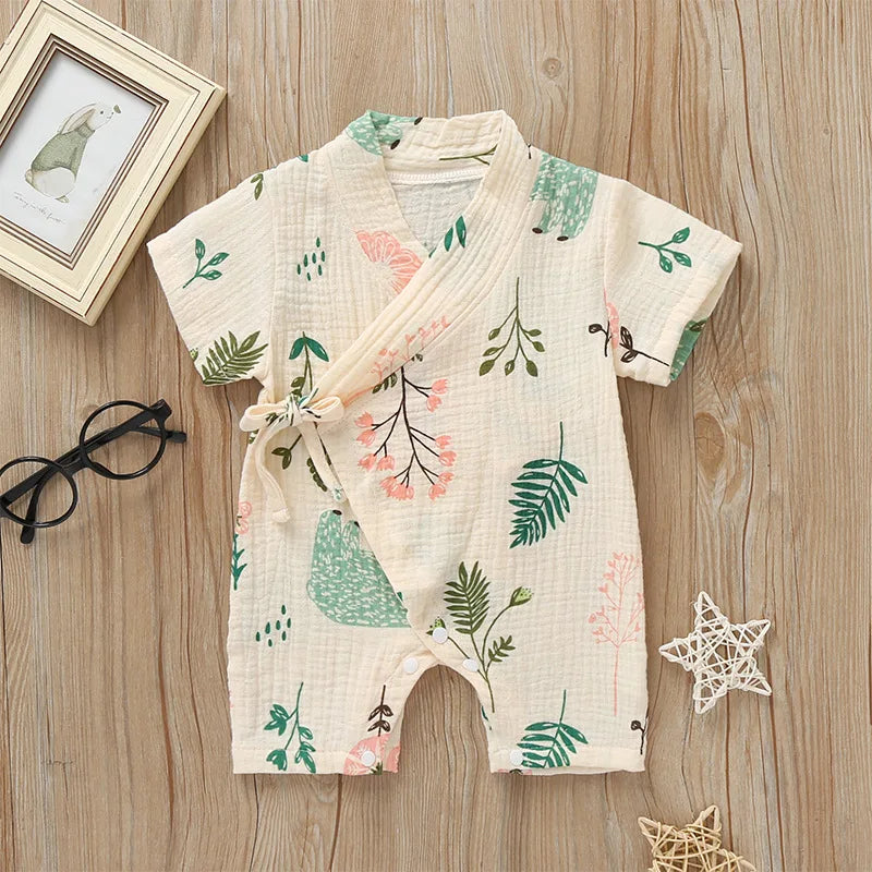 0-18M Summer Baby Girl Boys Clothing Rompers Jumpsuit Short-sleeved Floral Print Cute Soft Newborn Infant Baby Kimono Playwear