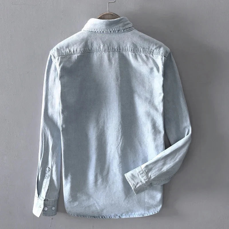 100% Cotton Autumn New Long-sleeved Denim Shirt Men Fashion Casual High Street Male Clothes Top Classic Light Blue Black Gray