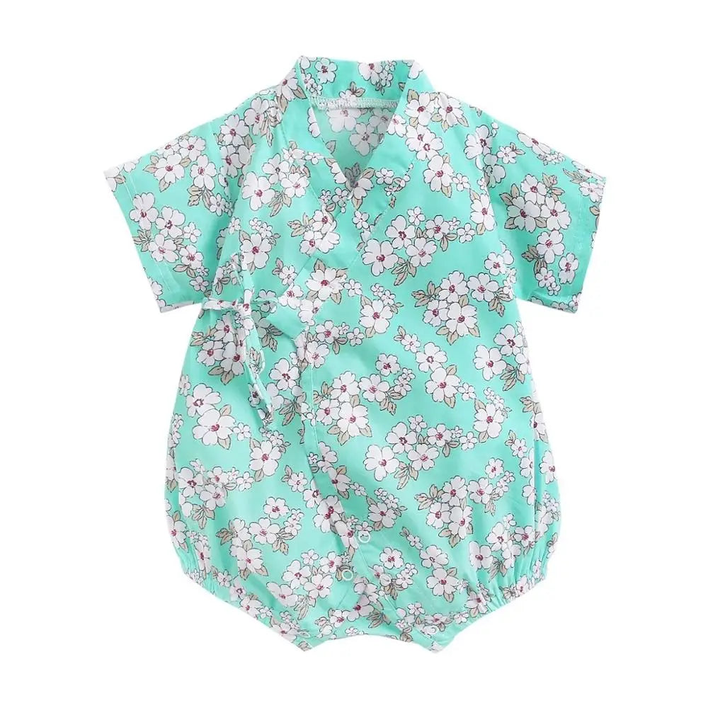 0-18M Summer Baby Girl Boys Clothing Rompers Jumpsuit Short-sleeved Floral Print Cute Soft Newborn Infant Baby Kimono Playwear