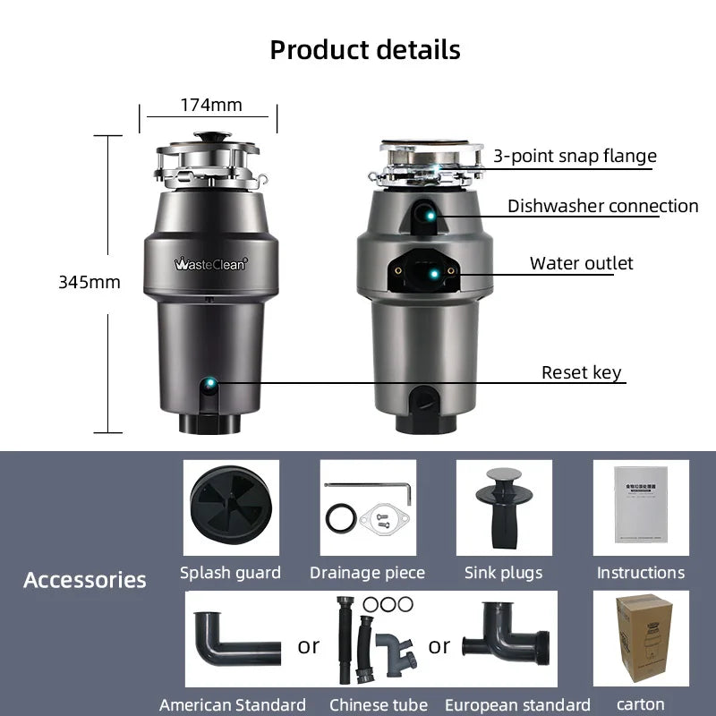 0.75 HP Stainless Steel Kitchen Food Waste Grinder