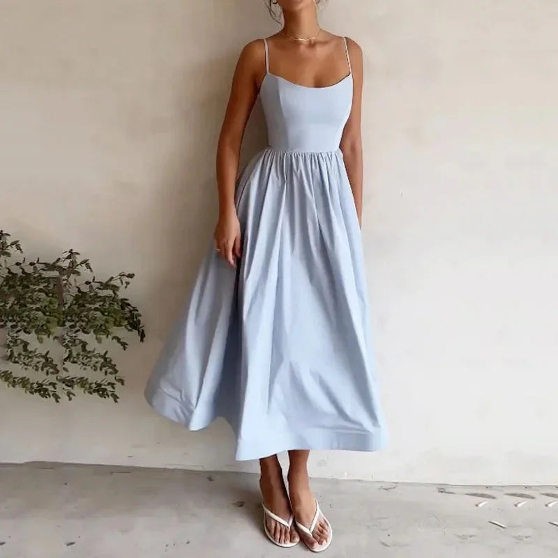 Summer U-neck Casual Female Vintage Elegant Spaghetti Strap Dress Women Elegant Solid Sleeveless A-line Midi Women's Dresses