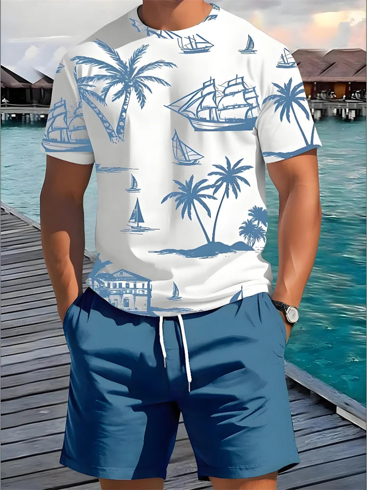 Summer New Men's Short-sleeved Hawaiian Print Two-piece Beach Vacation Breathable Short-sleeved With Drawstring Loose Shorts