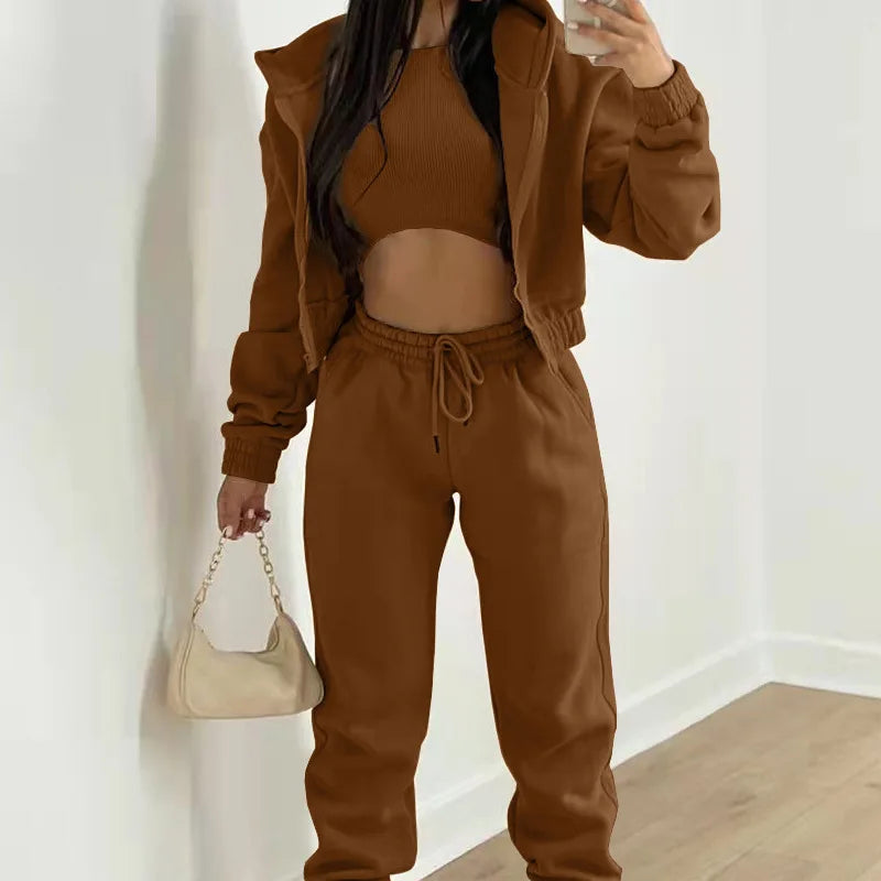 Ladies Tracksuit Zippered Hooded Jogger Tracksuit Thermal Lined Trousers Tracksuit Fashionable Athleisure Cozy Ensemble