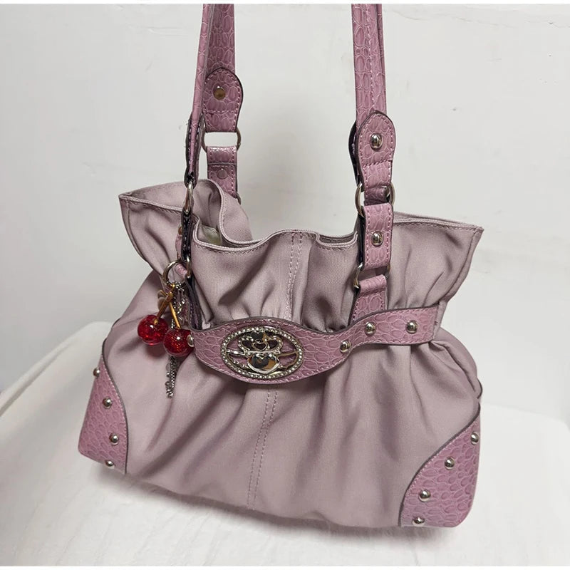 Luxury Women Rivet Handbag,Y2k Girls Metal Studded Underarm Shoulder Bag,Niche Belt Buckle Commuter Chic East-West Tote Bag