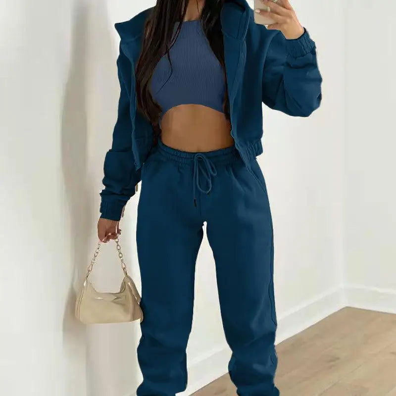 Ladies Tracksuit Zippered Hooded Jogger Tracksuit Thermal Lined Trousers Tracksuit Fashionable Athleisure Cozy Ensemble