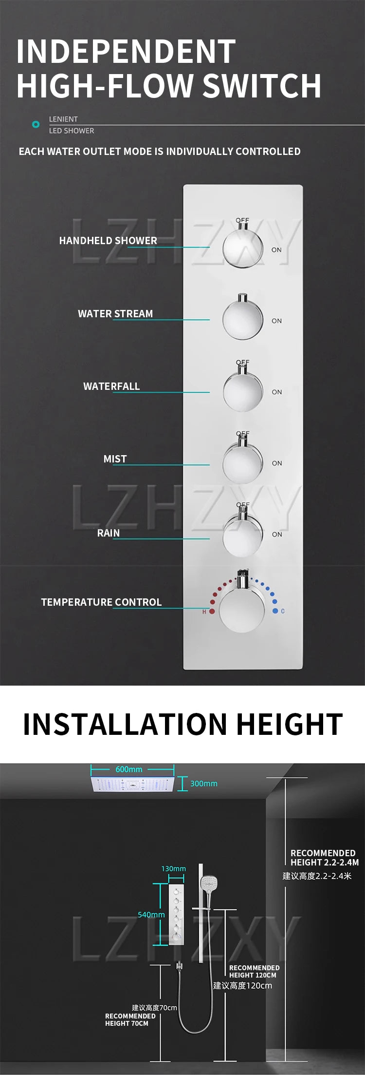 Embedded concealed shower head, wall-mounted, hidden, pre-buried, sky-high, giant overhead shower head with music function