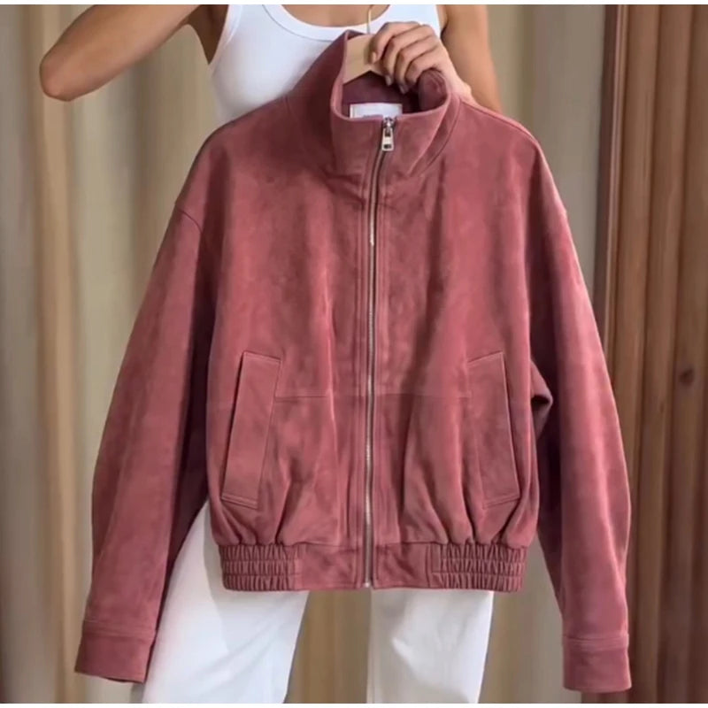 Women Dusty Faux Suede Bomber Jacket Stand Collar Zip Up Loose Drop Shoulder Elastic Hem Casual Fall Outerwear 2026 Fashion Coat