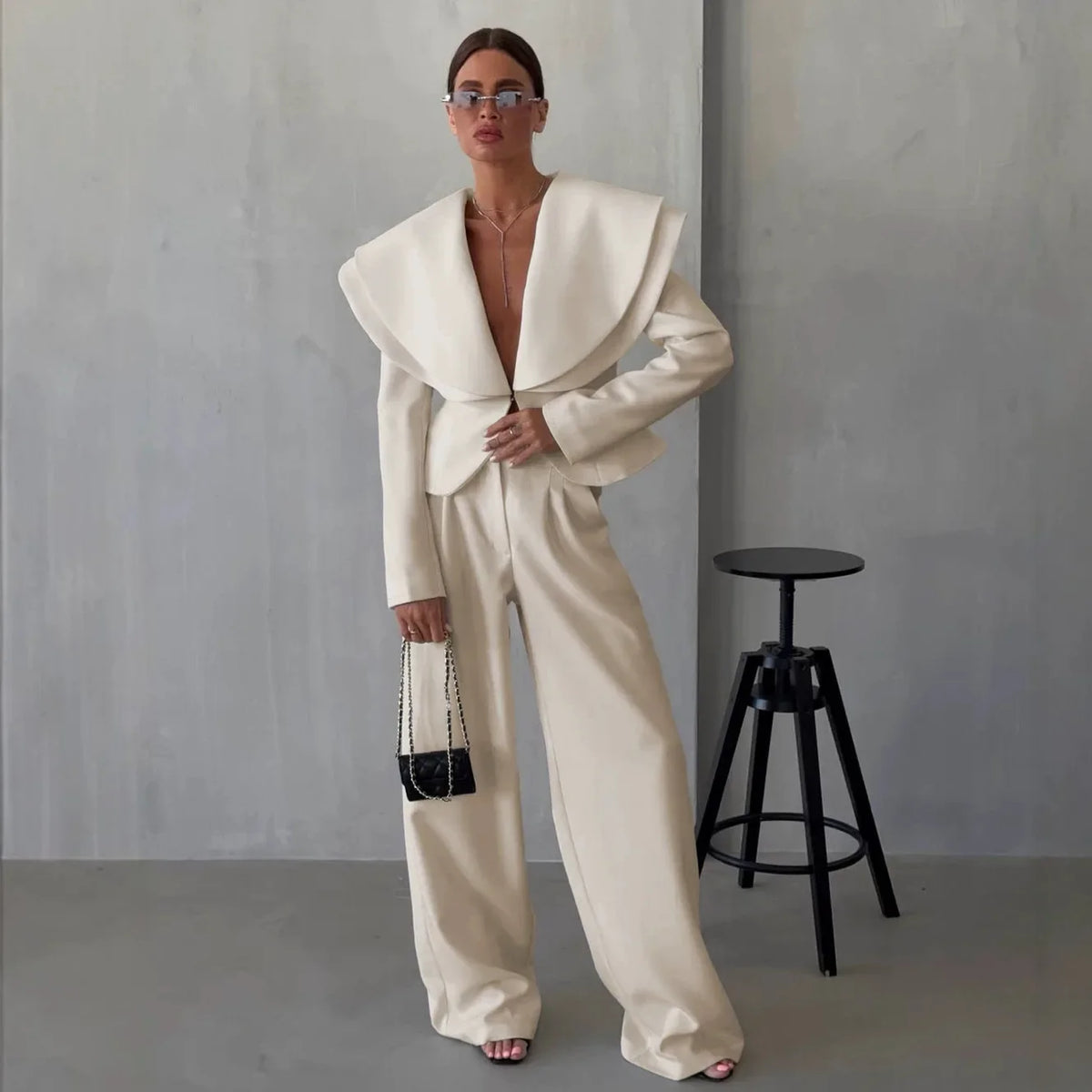 Chic Big Lapel Coat Pants Women Set Elegant Full Sleeve Single Breasted V-neck Straight Loose Trousers Solid Autumn Fashion Set