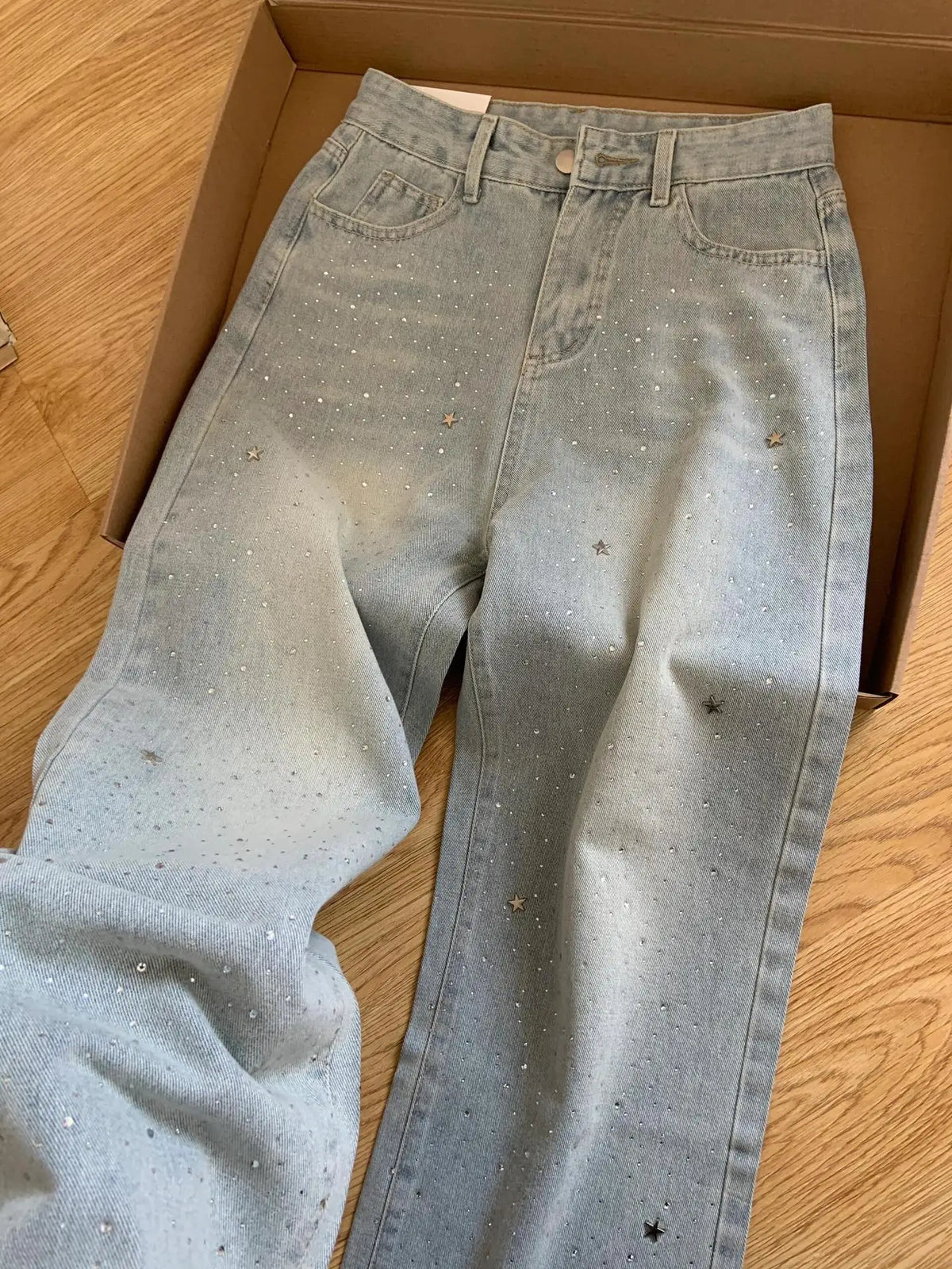 Women's 2025 Autumn New Light Blue Hot-Selling Rhinestone Straight Jeans High Waist Wash Jeans Loose Slimming Wide Leg Trousers