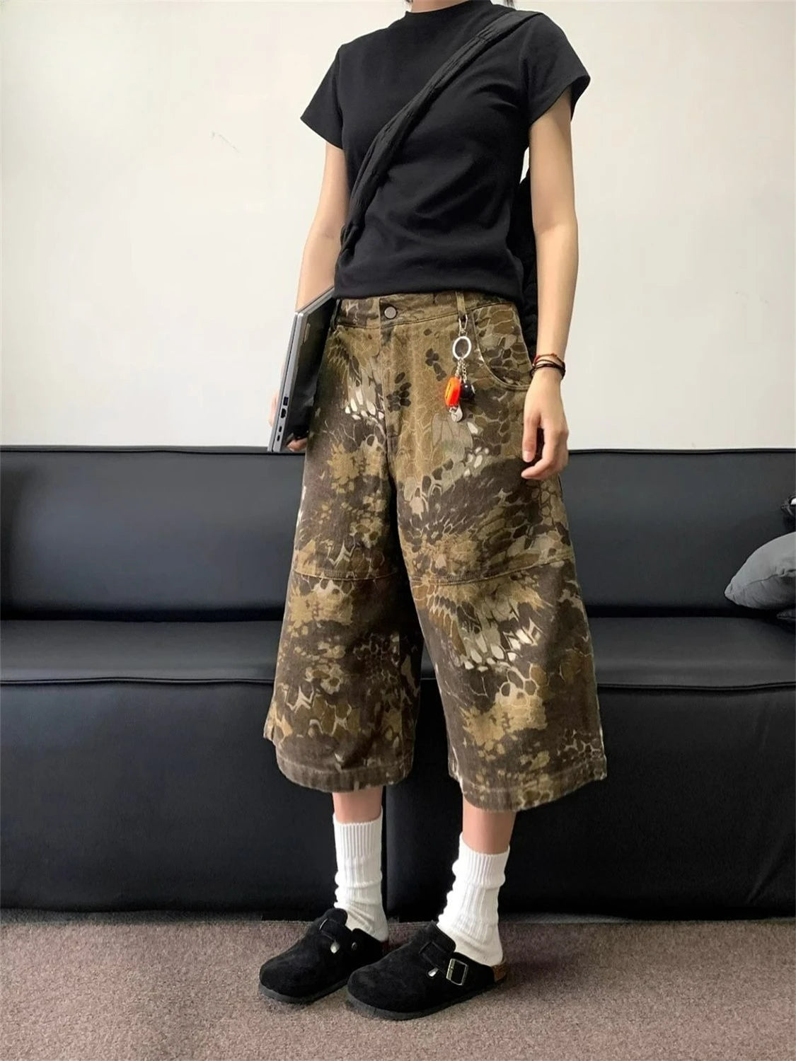 Summer Retro Washed Denim Seven-point Shorts Men's and Women's Casual Loose Camouflage Straight 7-point Pants