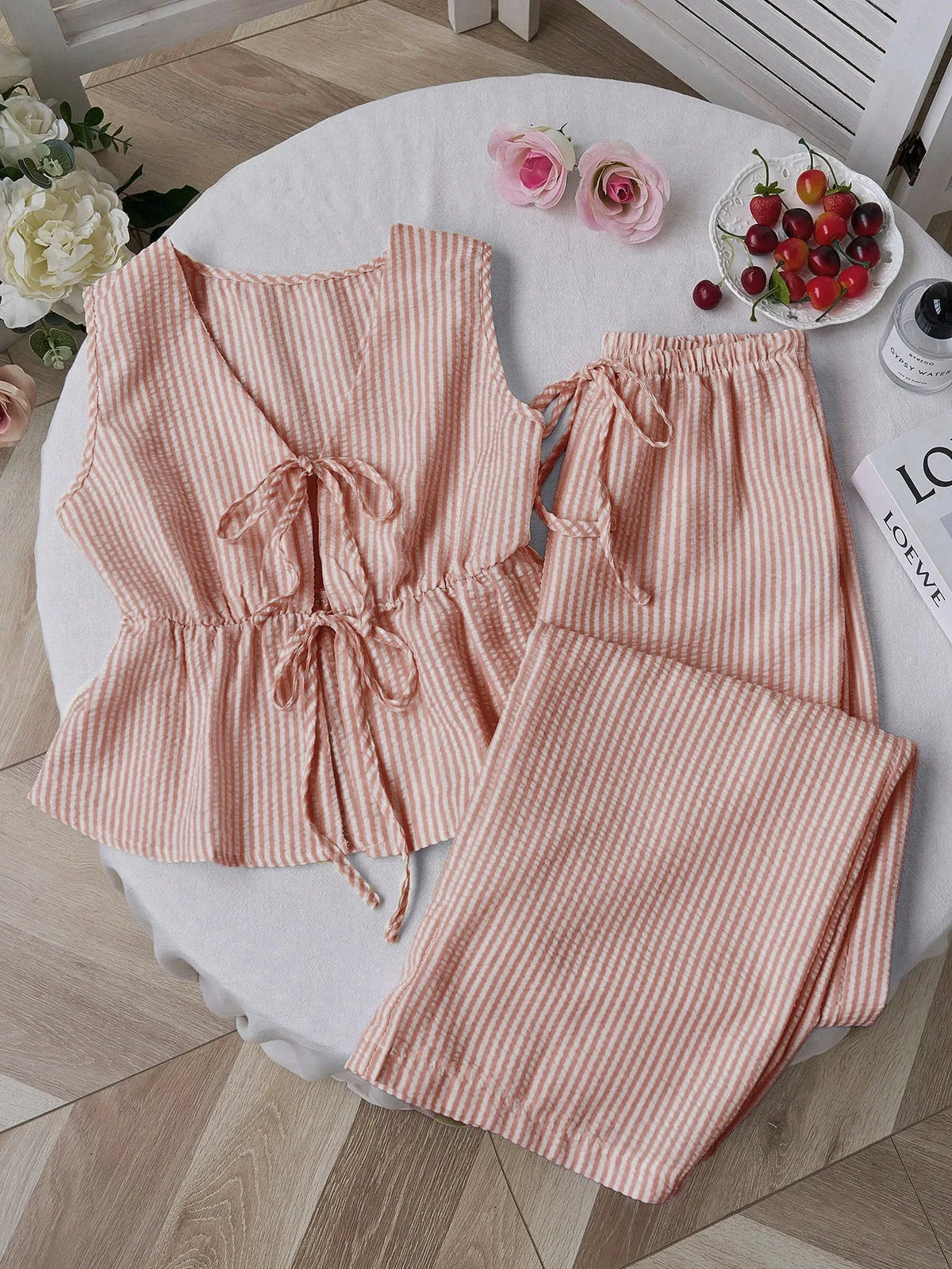 Summer Solid Color Tie Pants Set Stripe Casual Sweet Versatile Loose Comfortable Vacation Daily Two Piece Set