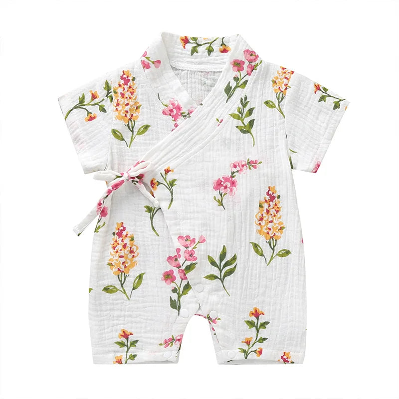 0-18M Summer Baby Girl Boys Clothing Rompers Jumpsuit Short-sleeved Floral Print Cute Soft Newborn Infant Baby Kimono Playwear