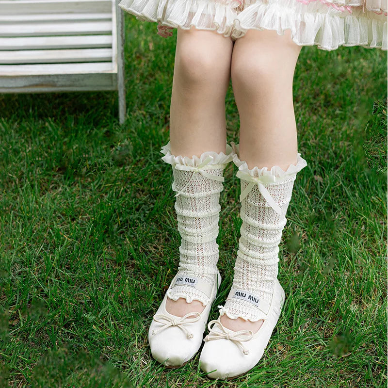 Girls Long Tube Lace Stockings Sweet Bow Jacquard Pattern Mesh Sock Baby Girl Ballet Fishing Net Frilly Socks Lolita Leggings