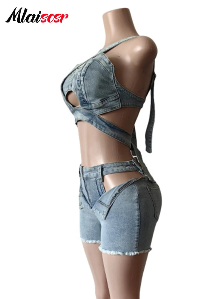 Mlaiscsr Denim 2 Piece Set Women Jeans Suits Sexy Hollow Out Bandage Tank Crop Tops and Shorts Beach Party Y2K Night CLubwear