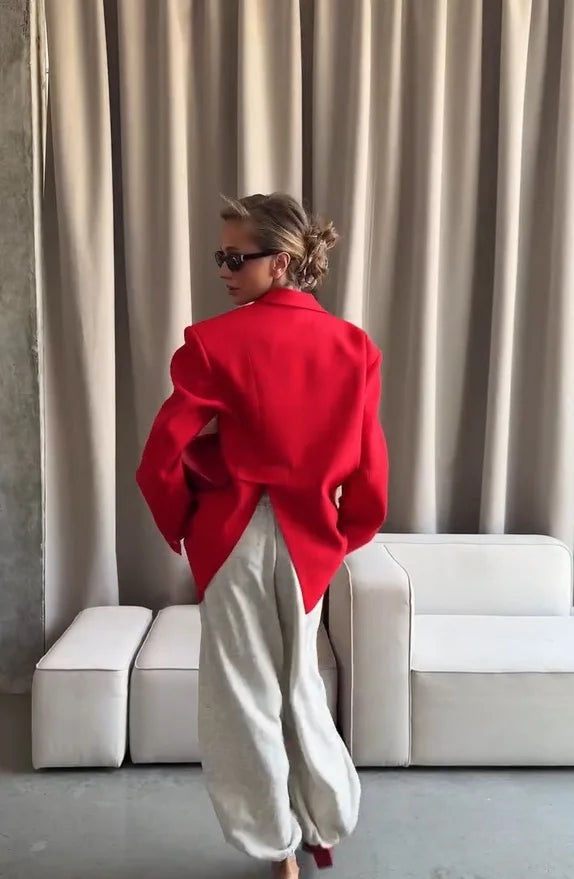 Women Red Blazer Jacket Single Button Lapel Collar Loose Casual Coats 2026 Autumn Winter New Fashion Street Oversized Streetwear