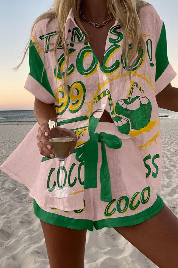 Summer New Print Beach Holiday Set For Women Fashion Short Sleeve Buttoned Shirt Wide Legs Shorts Oversized Two Piece Set