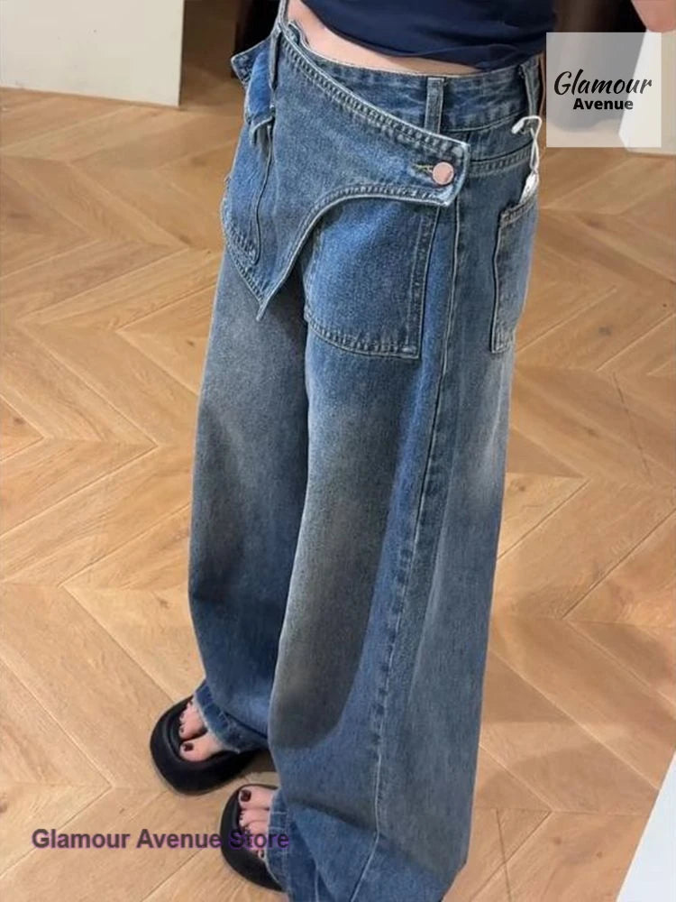 Korean fake two-piece design plus velvet padded straight jeans women's autumn and winter high waist slim wide-leg trousers