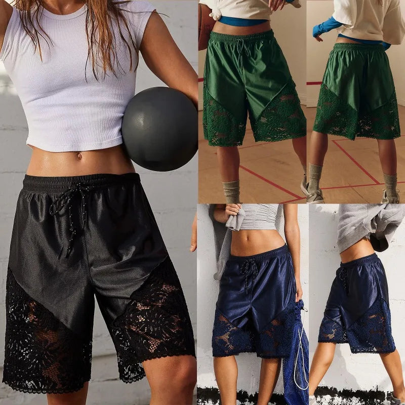 Womens Lace Patchwork Sweat Shorts Casual Summer Loose Mid Length Pants Drawstring Waist Lounge Running Walking Workout Shorts