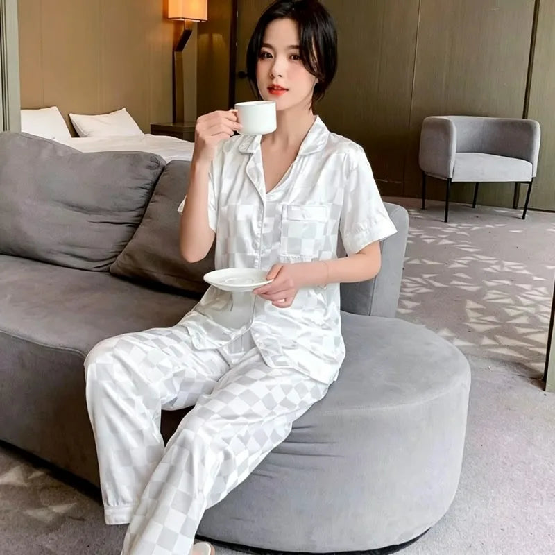 Summer Women Pajama Set Lapel Collar Checkered Jacquard Soft 2Pcs Short Sleeve Long Pants Home Sleepwear Loungewear For Ladies