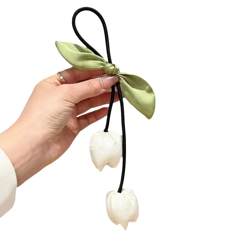 Sweet Tassels Tulip Hair Rope Cloth Bowknot Flower Hair Ring Hair Accessories Headdress Elastic Hair Band Women