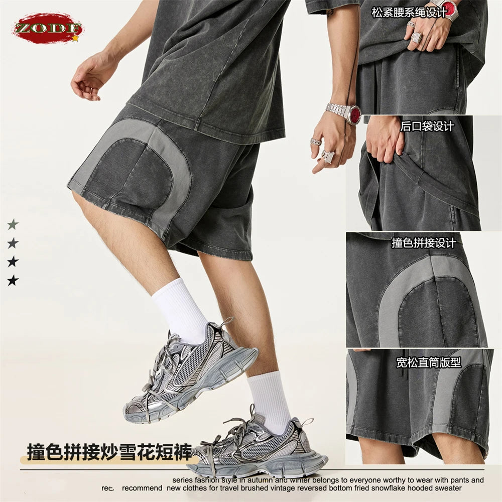 ZODF 2025 Summer Patchwork Washed Cotton Shorts For Men Unisex Retro Y2K High Street Distressed 330gsm Shorts Streetwears HY1057