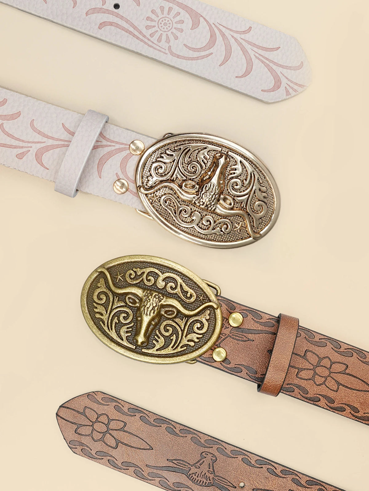 Western Cowboy Style Vintage Casual Belt - Ox Head Carved Buckle & Bohemian Print, Perfect for Daily Commute & Dating Outfits