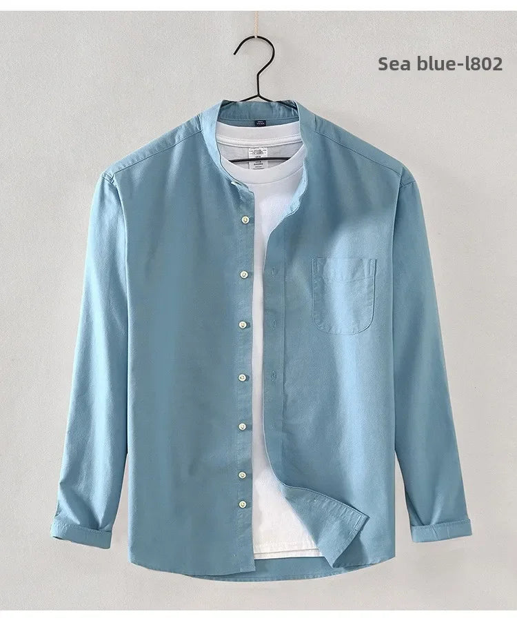 2027 Cotton Stand-up Neck Oxford Spinning Anti-wrinkle Casual Spring Autumn New Men's Shirt Jackets Long Sleeve Shirt Men's