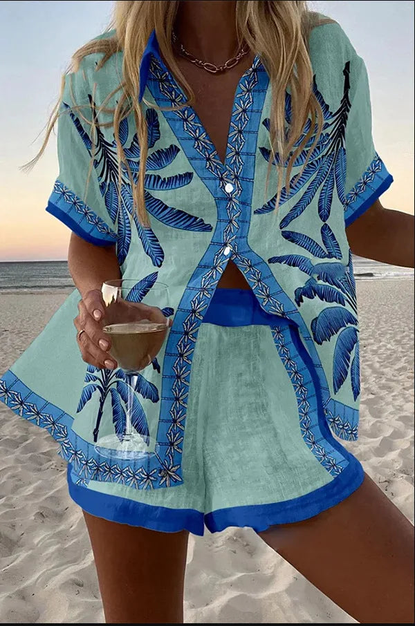 Summer New Print Beach Holiday Set For Women Fashion Short Sleeve Buttoned Shirt Wide Legs Shorts Oversized Two Piece Set