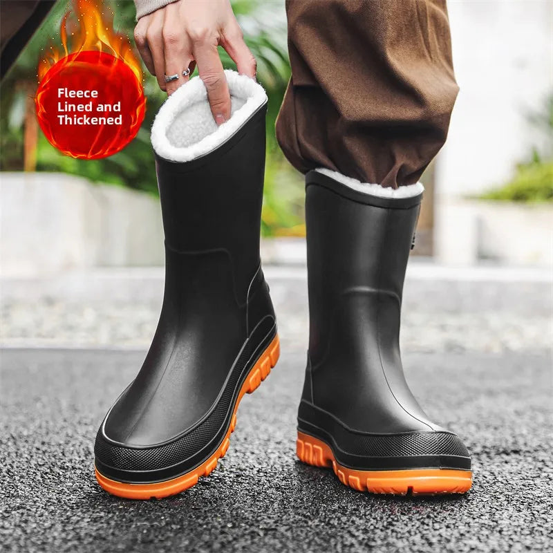 Men's Winter Fleece Lined Mid-Calf Rain Boots Anti-Slip Waterproof Work Rubber Boots Car Wash Fishing Outdoor Wear Water Shoes