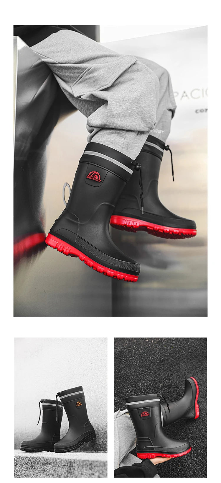 Men's Winter Fleece Lined Mid-Calf Rain Boots Anti-Slip Waterproof Work Rubber Boots Car Wash Fishing Outdoor Wear Water Shoes