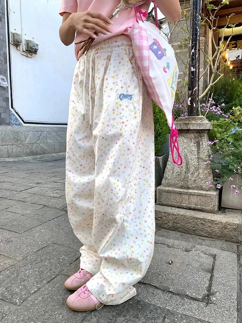Korean Vintage Stars Print Letter Cargo Pants Women Fashion High Waist Wide Leg Trousers Casual Loose Preppy Style Female Pants